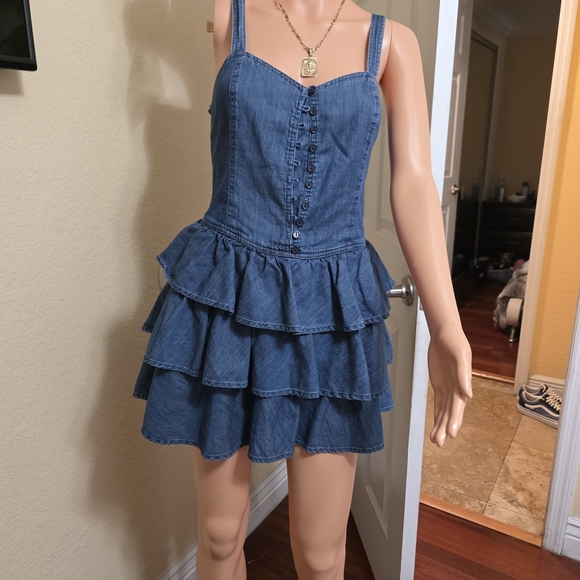 Denim Button-Front Ruffle Mini Dress - Blue - Picture 2 of 7